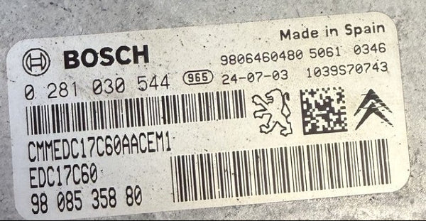 Toyota Proace 1.6D 85 KW 115 PS HP Bosch EDC17C60 0281030544 9808535880 , HW 9806460480 SW 10SW009008 , Software upgrade 692255780