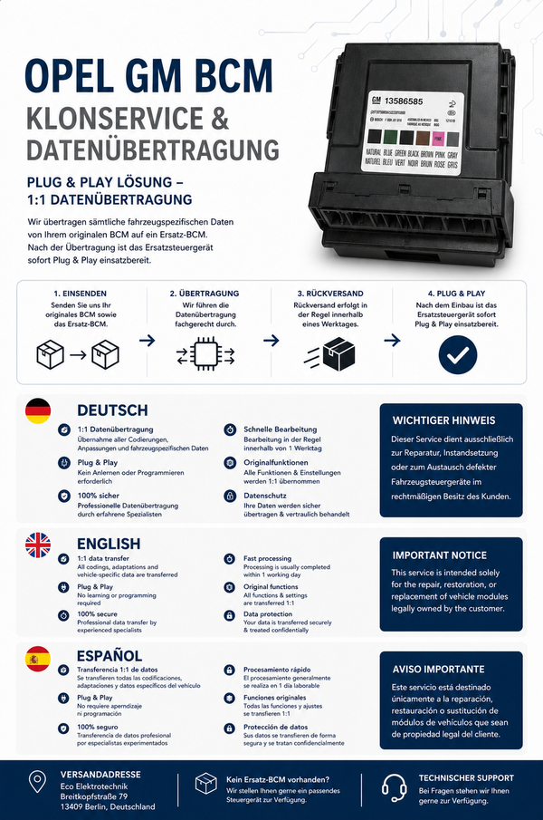 Opel GM , BCM Komfortsteuergerät , Klone / Daten Übernahme / Kopieren / BCM Clone , Data Transfer