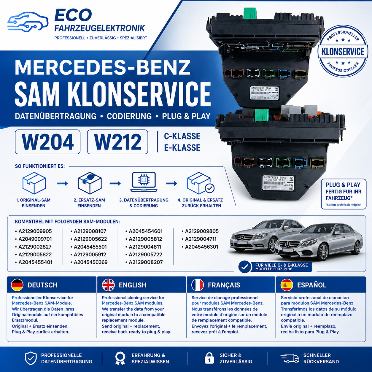 Mercedes-Benz SAM Modul Klonservice | W204 & W212 | Datenübertragung & Plug & Play