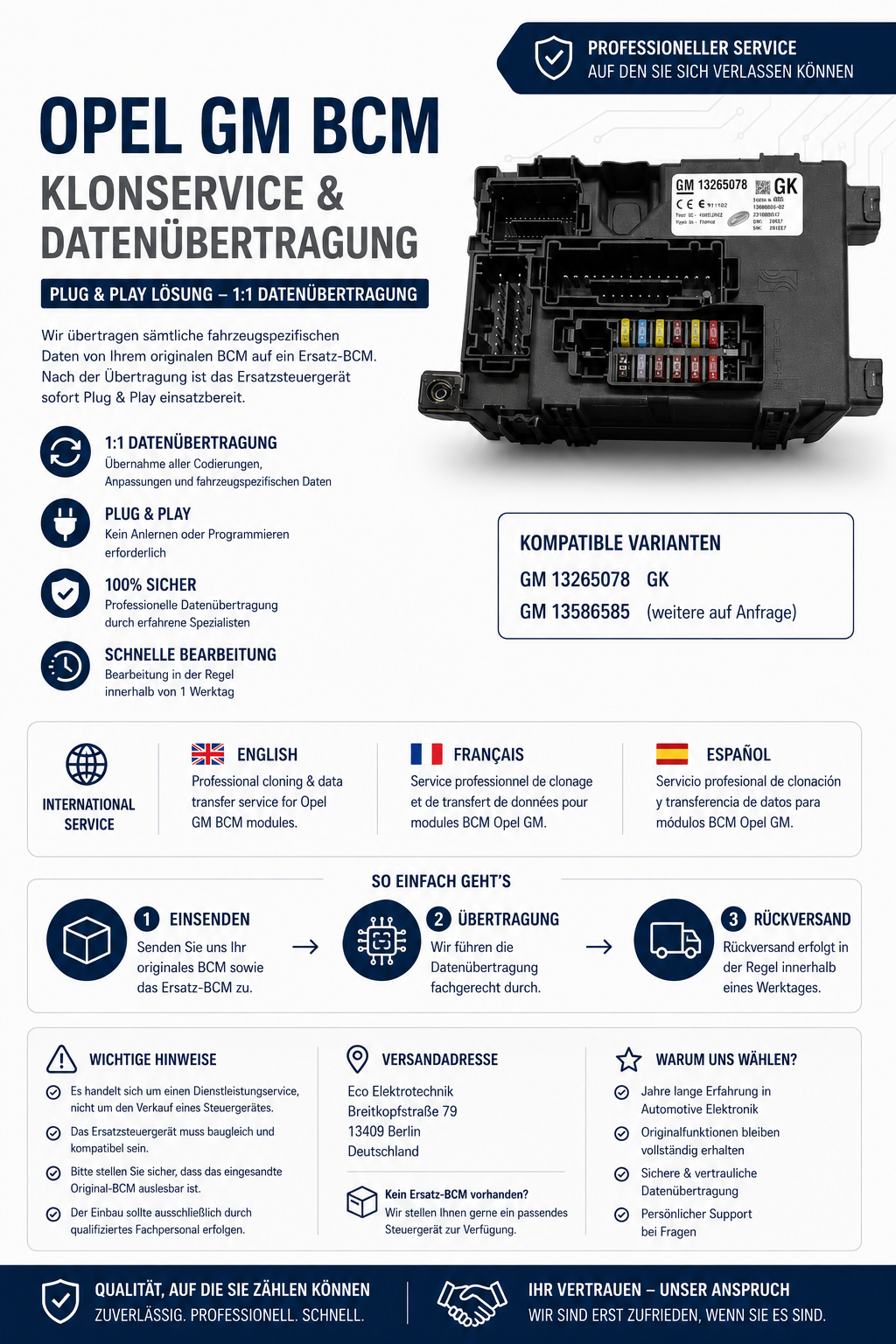Opel GM , BCM Komfortsteuergerät , Klone / Daten Übernahme / Kopieren / BCM Clone , Data Transfer