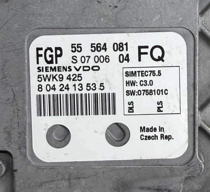 Virgin File Opel Zafira Astra 1.8 Z18XER  I Siemens SIMTEC75.5   55564081  S0700604  FQ  5WK9425 I HW C3.0  SW 0758201C  CAO75810