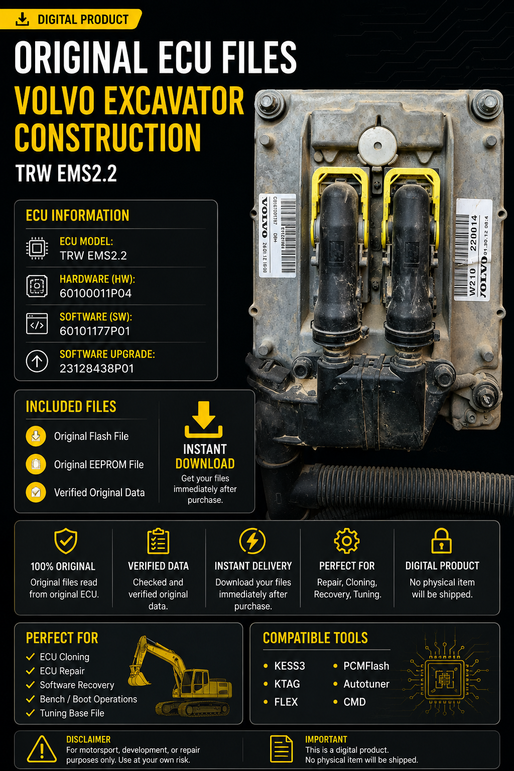 Original Files Volvo Excavator Construction TRW EMS2.2  C0167001787  D6H  , HW 60100011P04  SW 60101177P01 Software upgrade 23128438P01