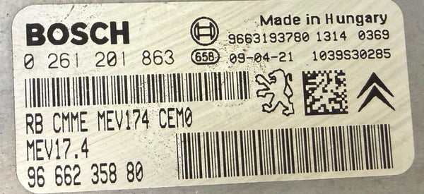 لسيارة سيتروين C3 1.4i، نوع وحدة التحكم Bosch MEV17.4، أرقام القطع 0261201863 و96656235880، نسخة البرنامج 9663193780 و1037397952، تحديث البرنامج 9666527780