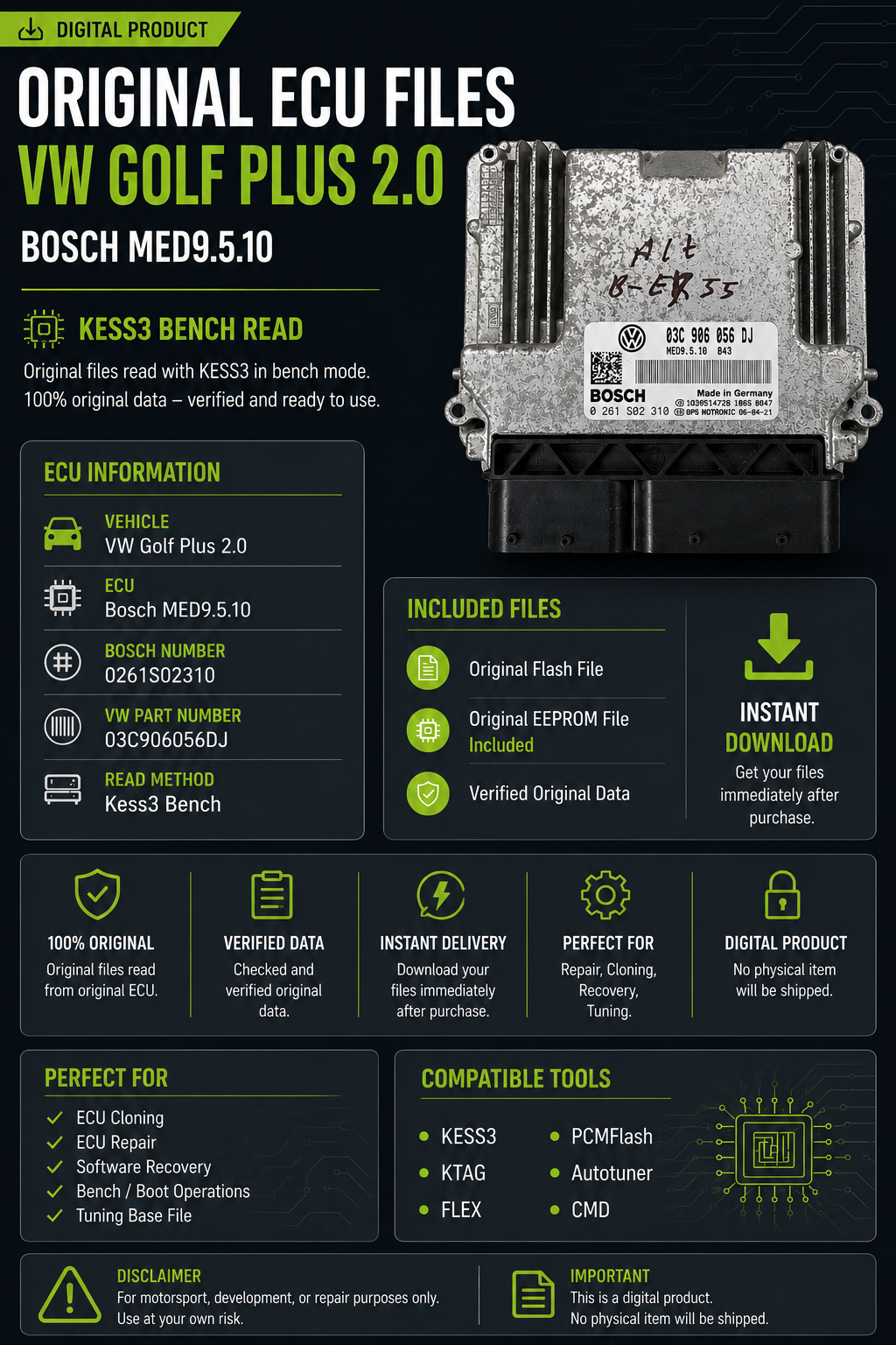 Original Files VW Golf PLUS 2.0 Bosch MED9.5.10 0261S01310  03C906056DJ I  SW  1037380028  I  Software upgrade  03C906056DJ  8343  I