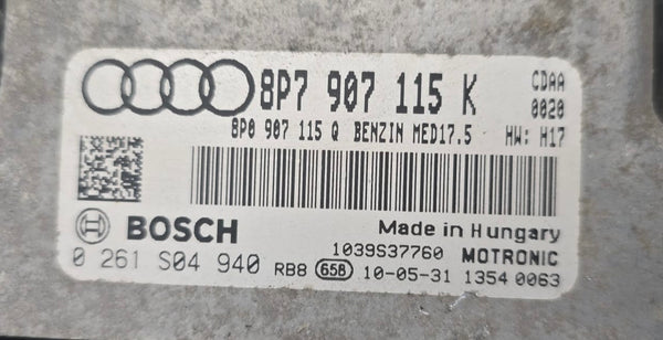 ملفات أصلية، ملفات، أودي A3 1.8 TSI بوش MED17.5، 8P7907115K، 8P0907115Q، 0261S04940، SW: 1037504595، ترقية SW: 8P7907115K 0020، المحرك: 1.8 لتر R4/4V TFSI CDAA