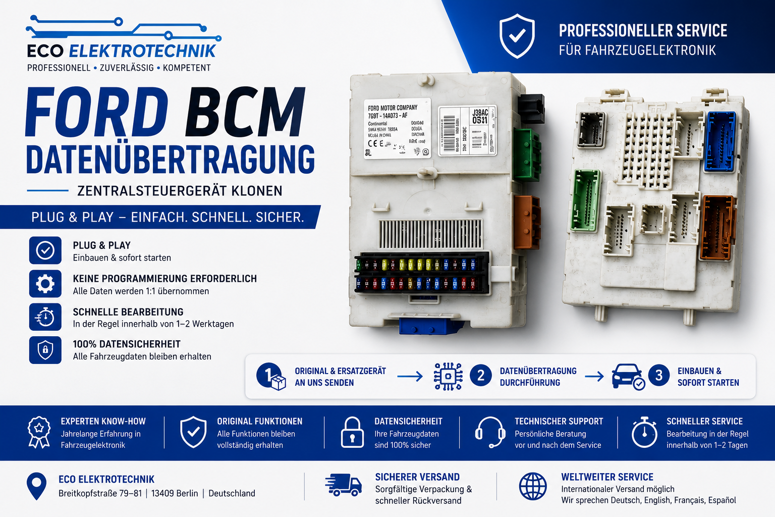 Ford BCM Datenübertragung | Zentralsteuergerät Klonen | BCM Clone Service | Plug & Play