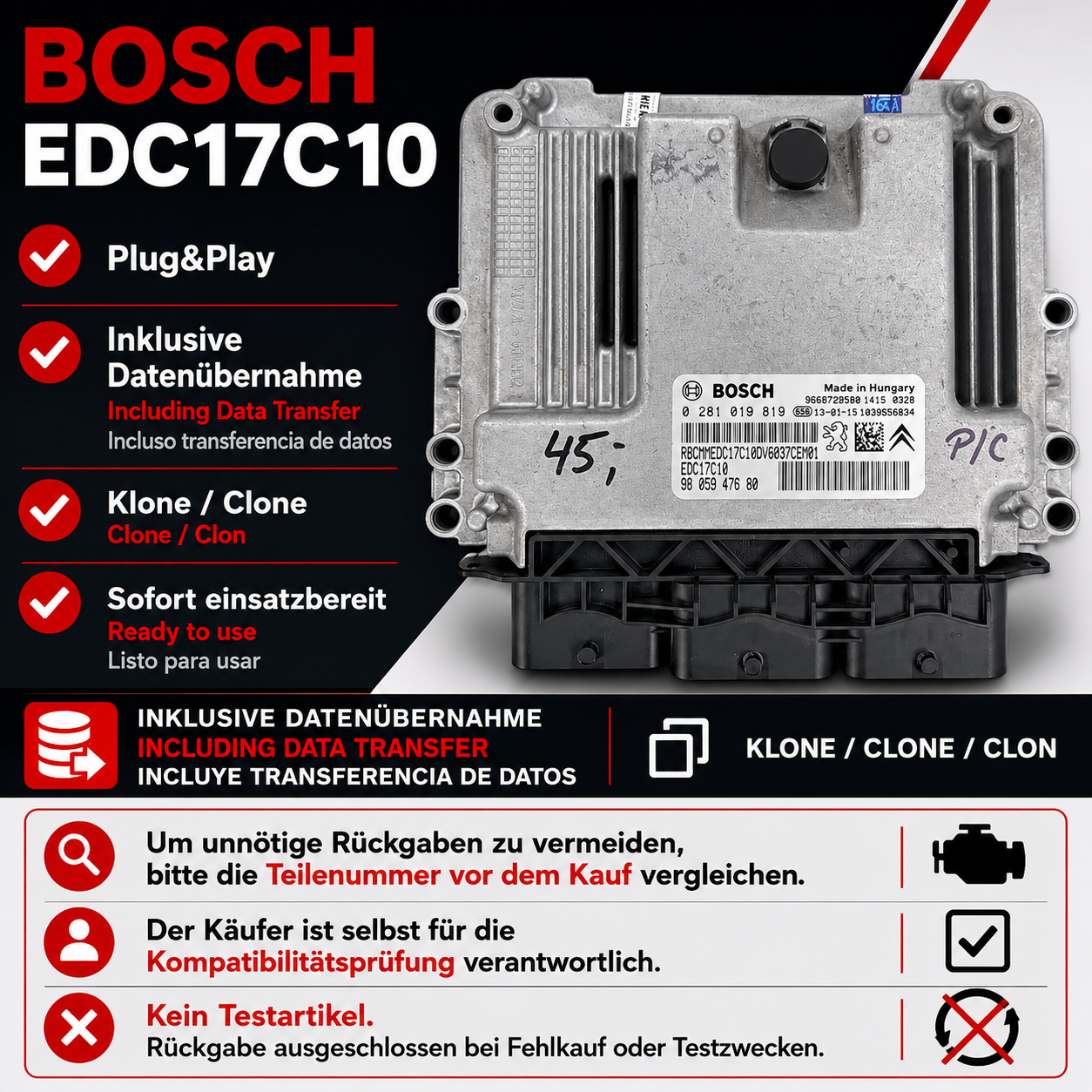 Plug&Play Citroen Jumpy Kasten 1.6 HDi 16V ECU MS 0281019819 9805947680