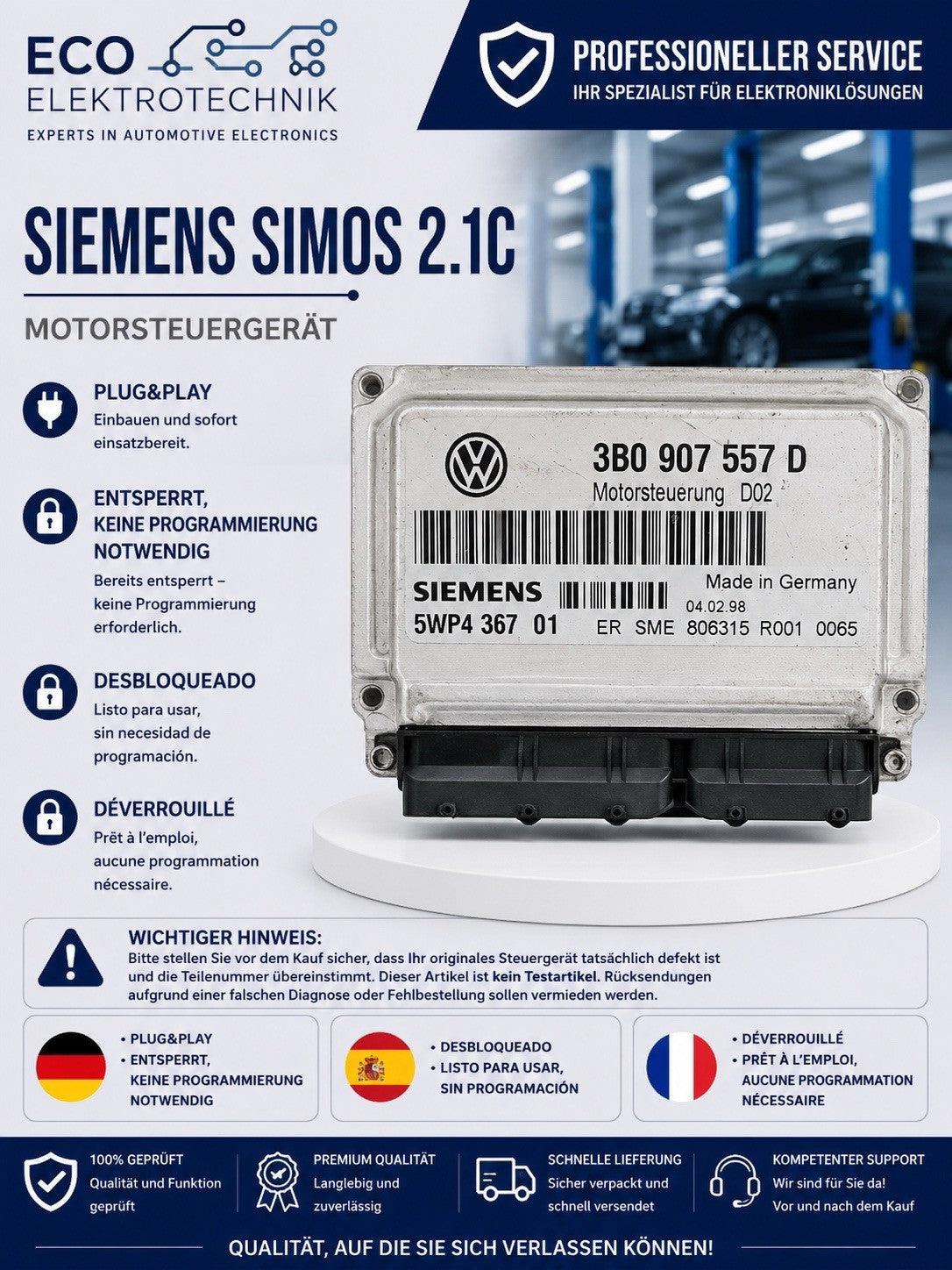 Plug&Play ENTSPERRT VW PASSAT 1.6 ECU MS Siemens 3B0907557D 5WP436701
