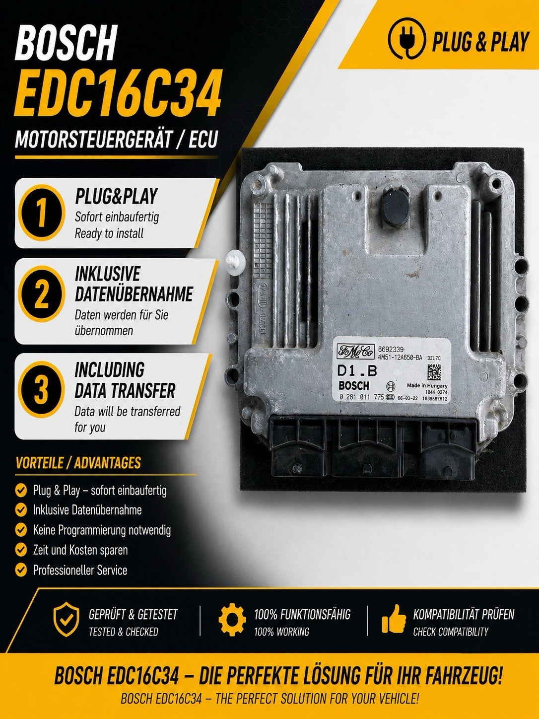 Plug&Play INK DATEN KOPIE Volvo V50 1.6D ECU MS 0281011775 4N5112A650BA