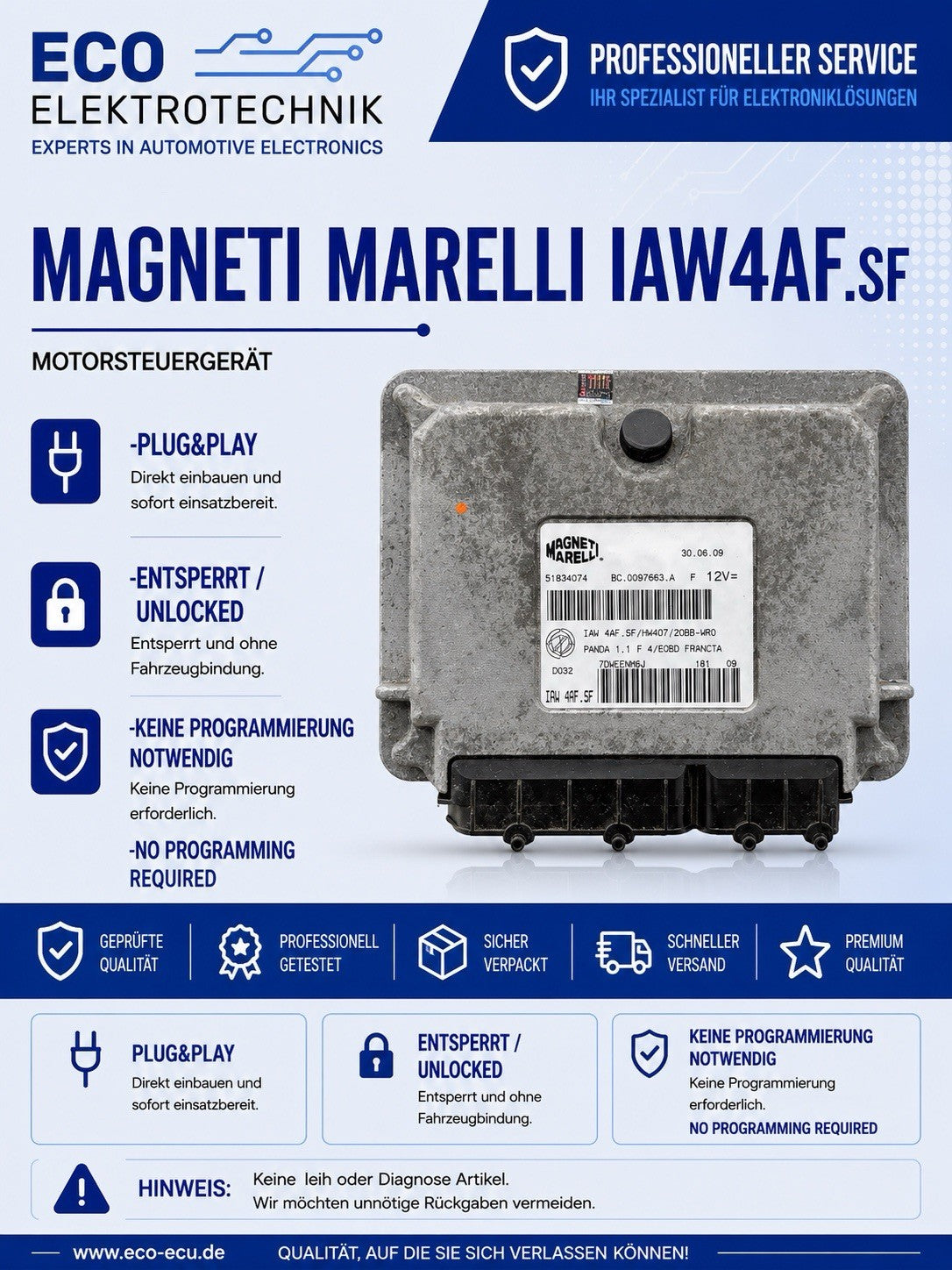 Plug&Play ENTSPERRT Fiat Panda 1,1 ECU MS 51834074 IAW4AF.SF 0097663