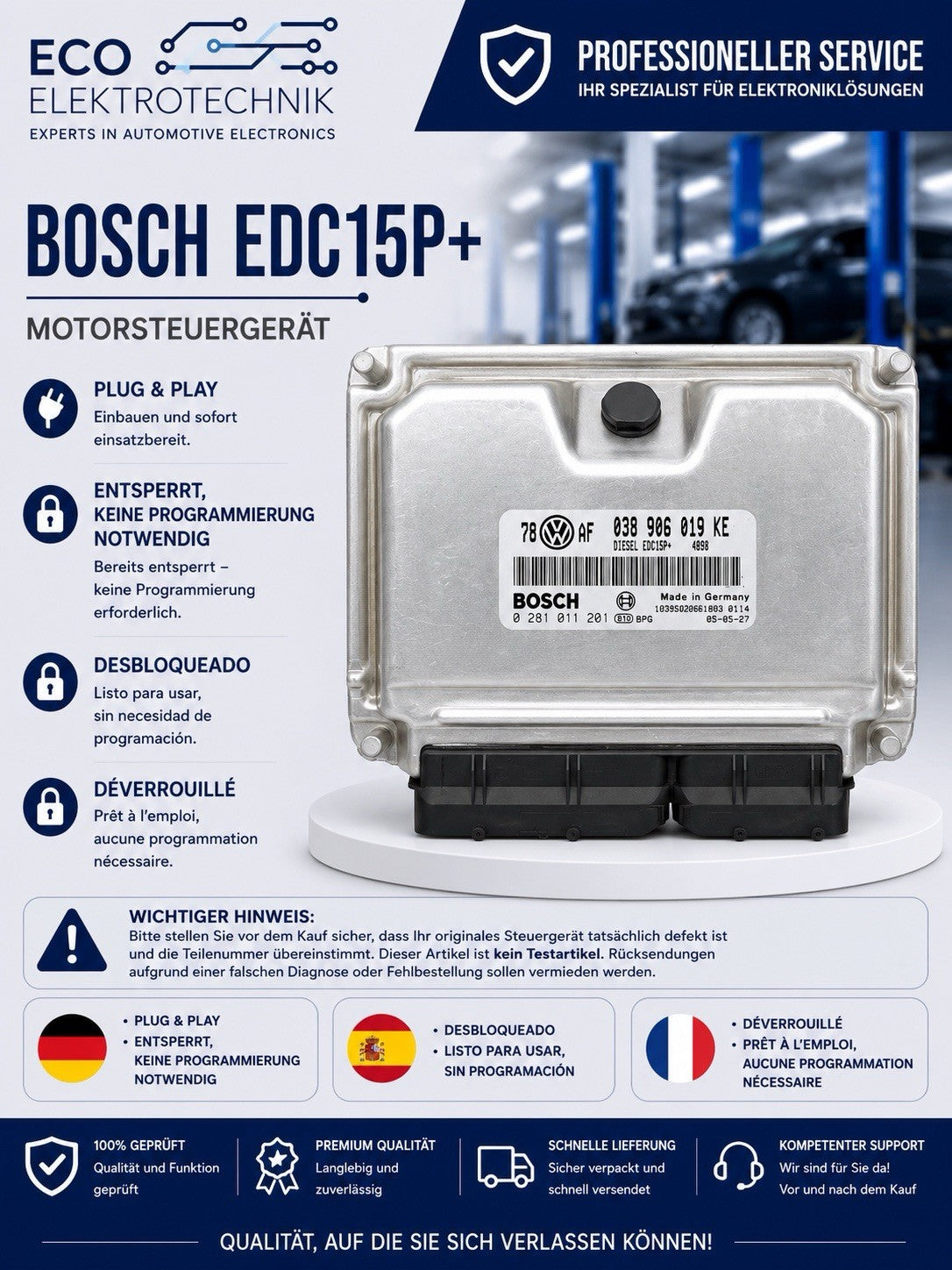 Plug&Play ENTSEPRRT SKODA SUPERB 1.9 TDI 96KW ECU MS 038906019KE 0281011201