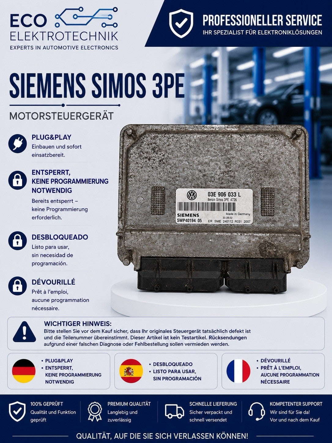Plug&Play ENTSPERRT VW Polo 1.2 ECU Motorsteuergerät 03E906033L 5WP40194