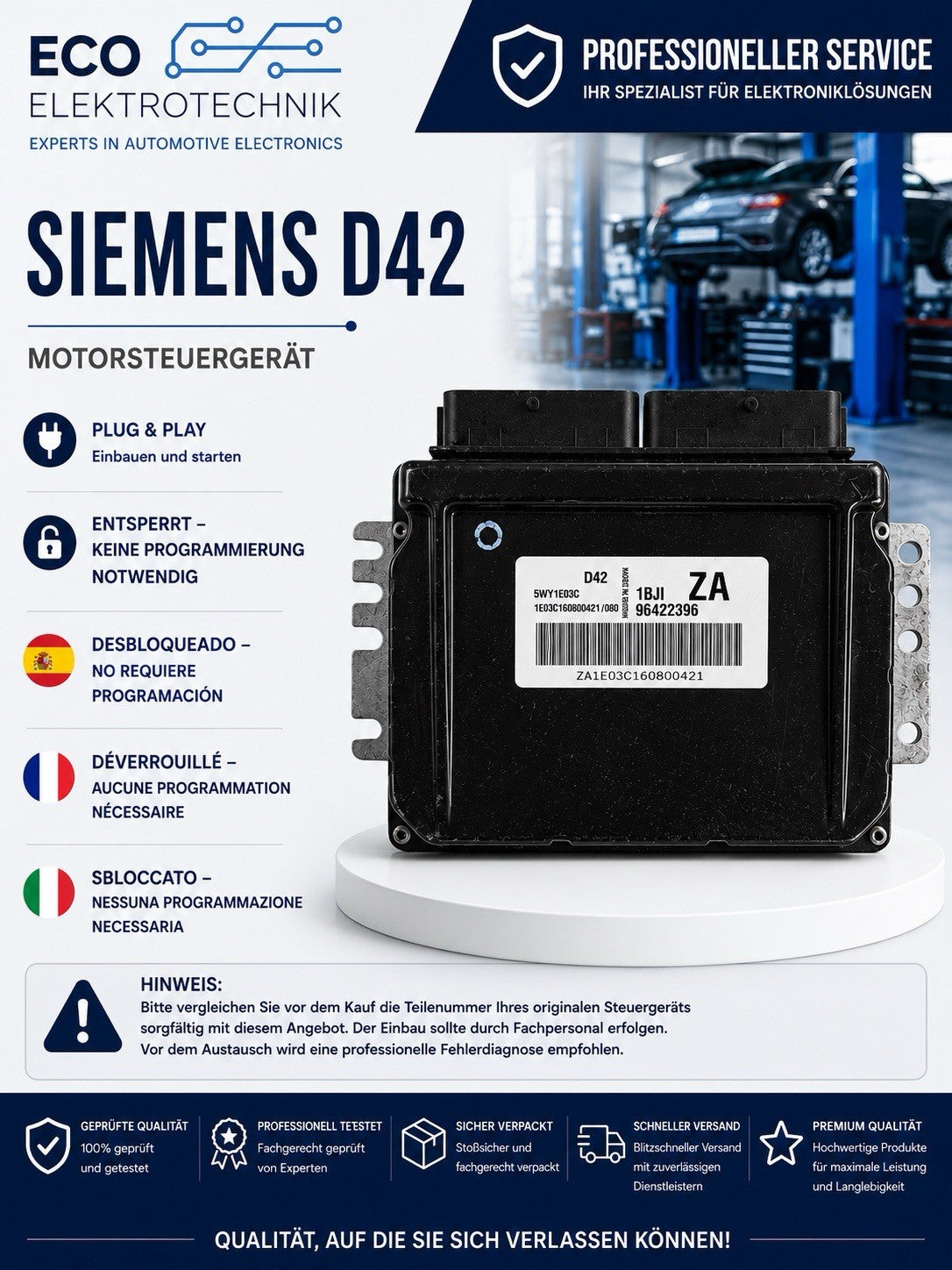 Plug&Play ENTSPERRT Chevrolet Daewood 1.6 Motorsteuergerät ECU 96422396
