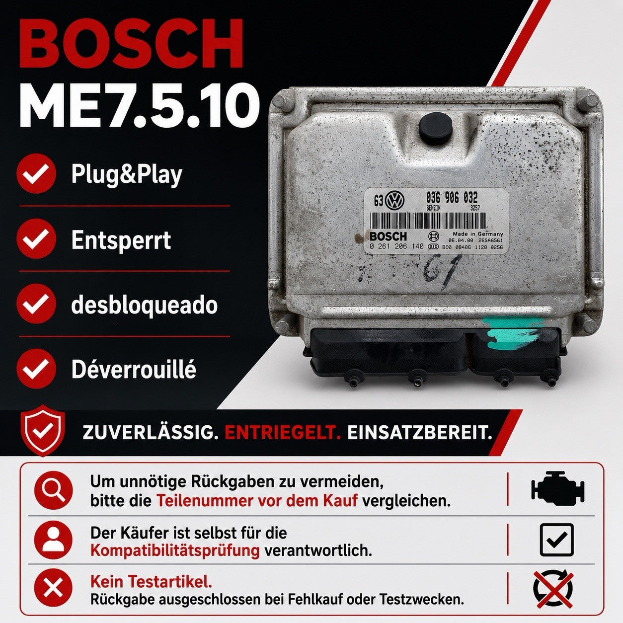Plug&Play ENTSPERRT VW Golf / Bora 1.4 ECU MS 036906032 0261206140