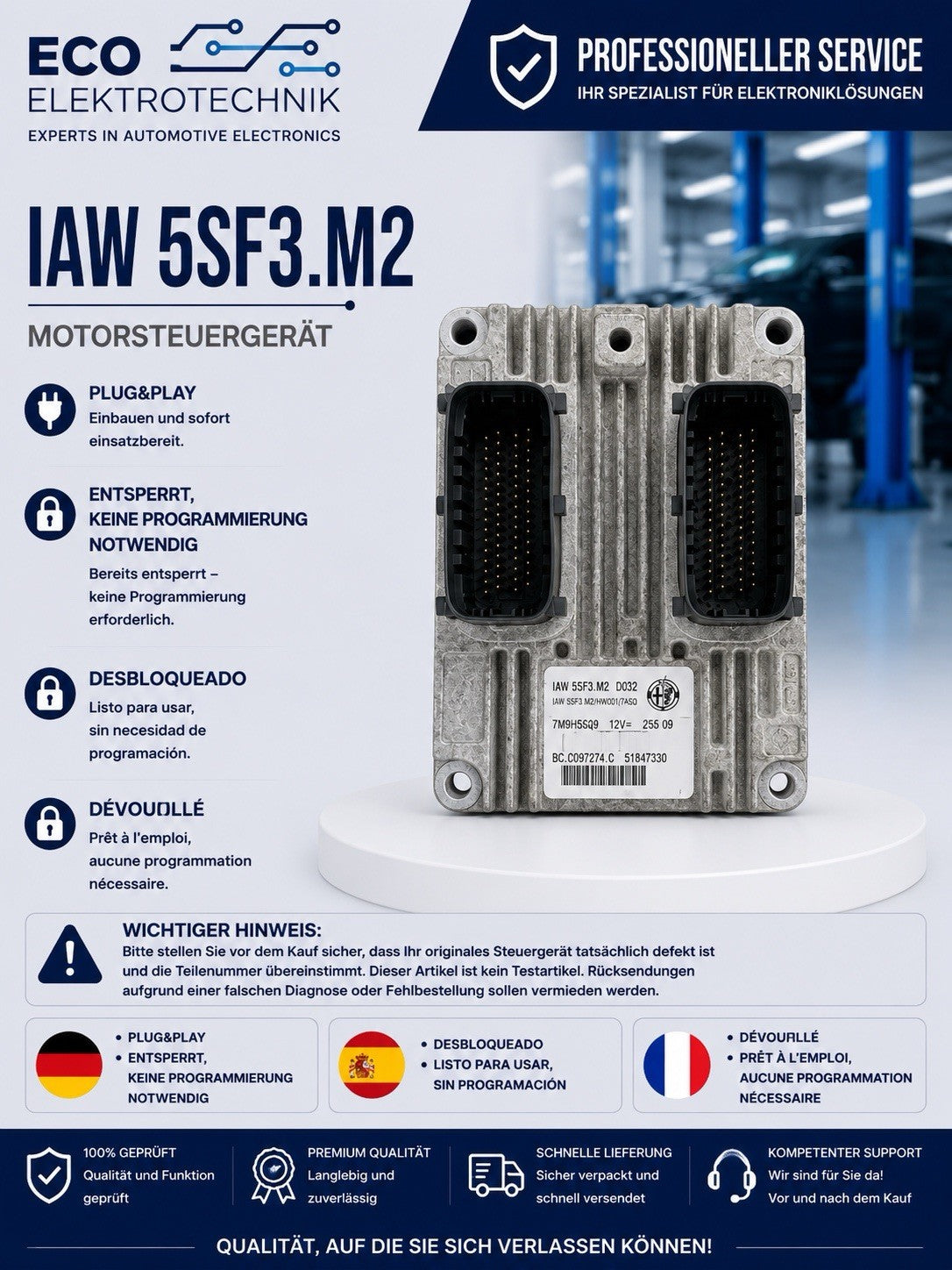 Plug&Play ENTSPERRT Fiat Punto 199 MS ECU 51847330 IAW5SF3.M2 BC.0097274.C
