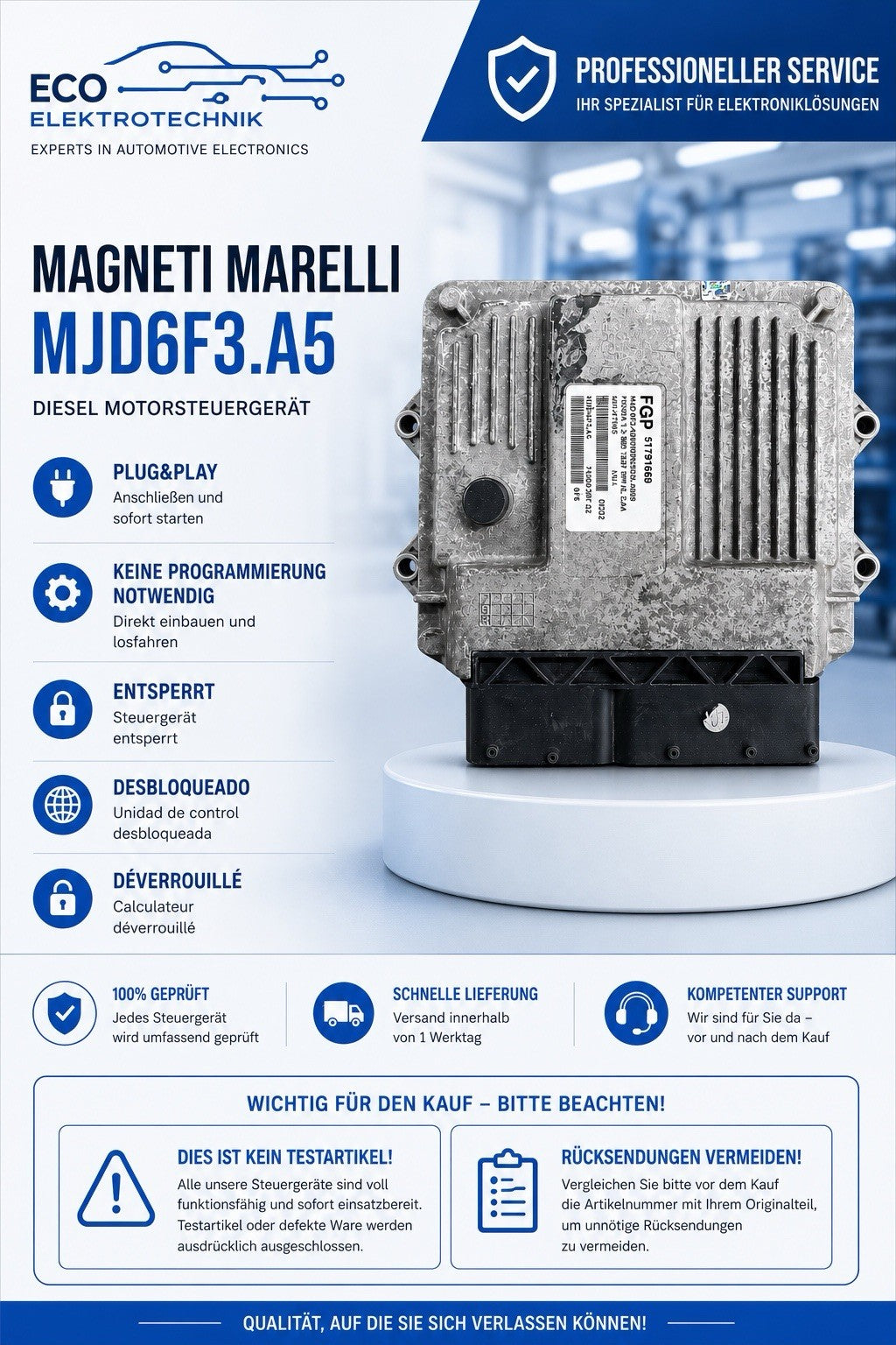 Plug&Play Entsperrt  Fiat Panda 1.3 SDE ECU MS 51791669  MJD6F3.A5
