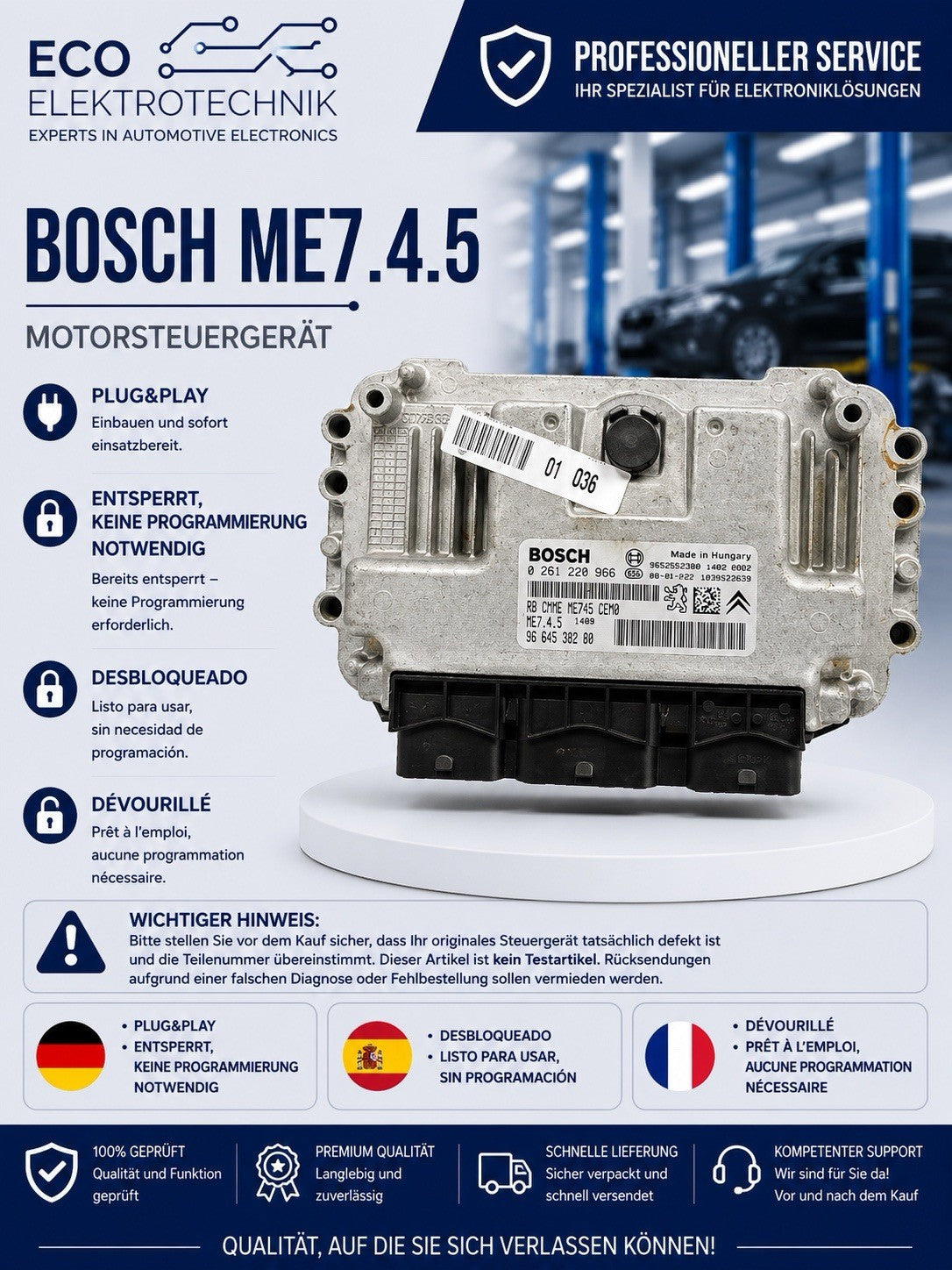 Plug&Play ENTSPERRT PEUGEOT CITROEN 1.6 ECU MS 0261208966 9664538280