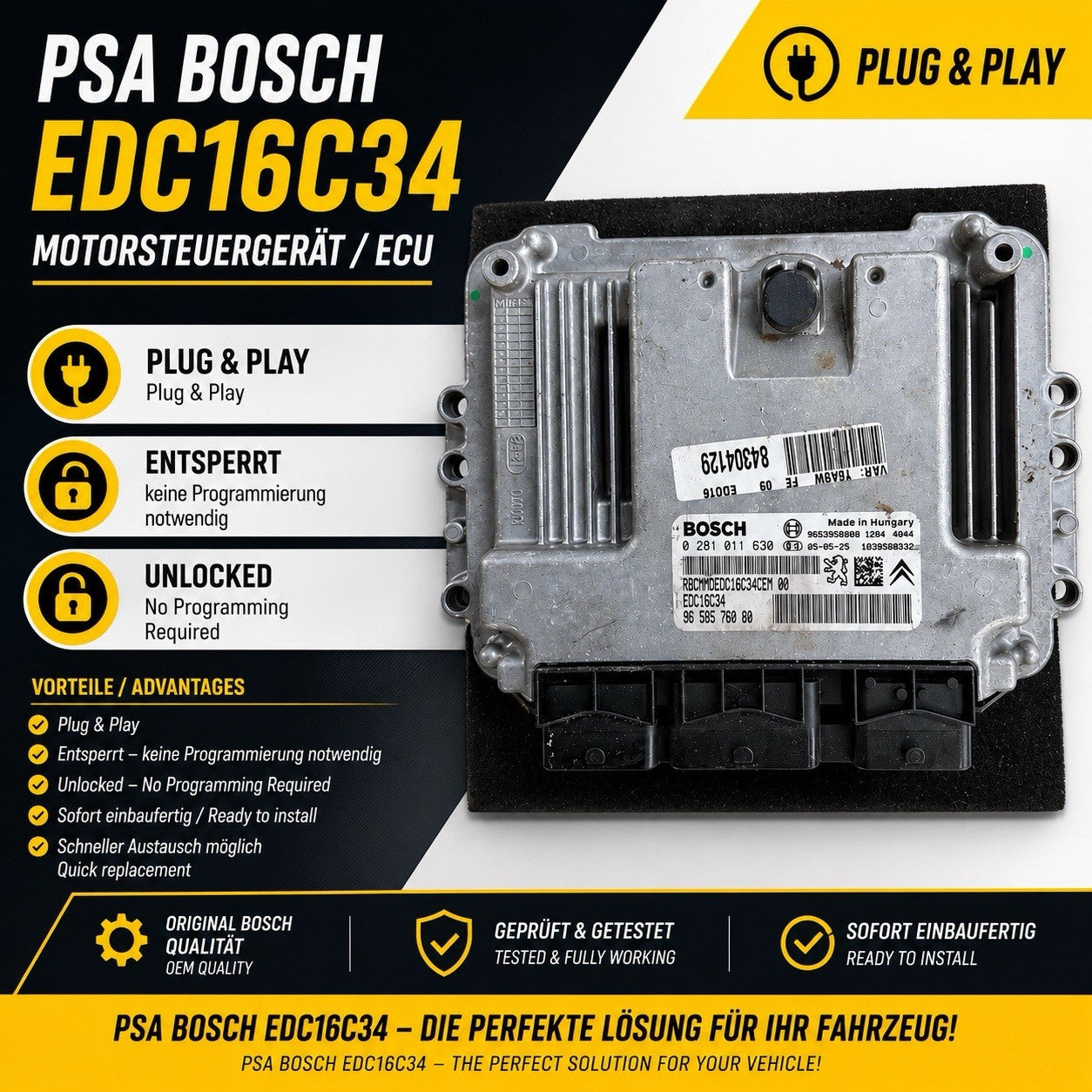 Plug&Play ENTSPERRT Peugeot 307 ECU Motorsteuergerät 0281011630 9658576080