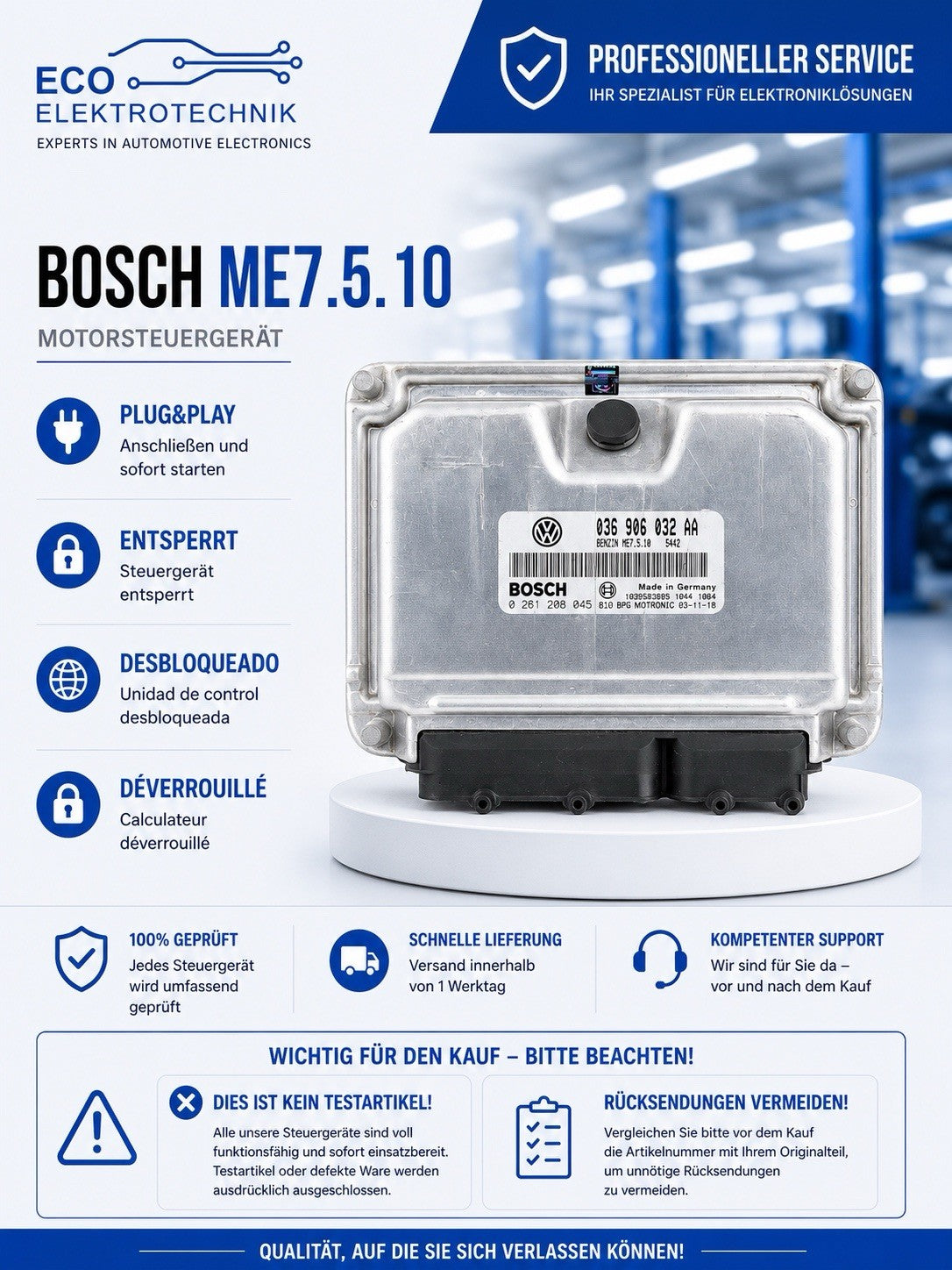 Plug&Play ENTPSERRT VW Golf 1.4 ECU MS 036906032AG Bosch 0261208589