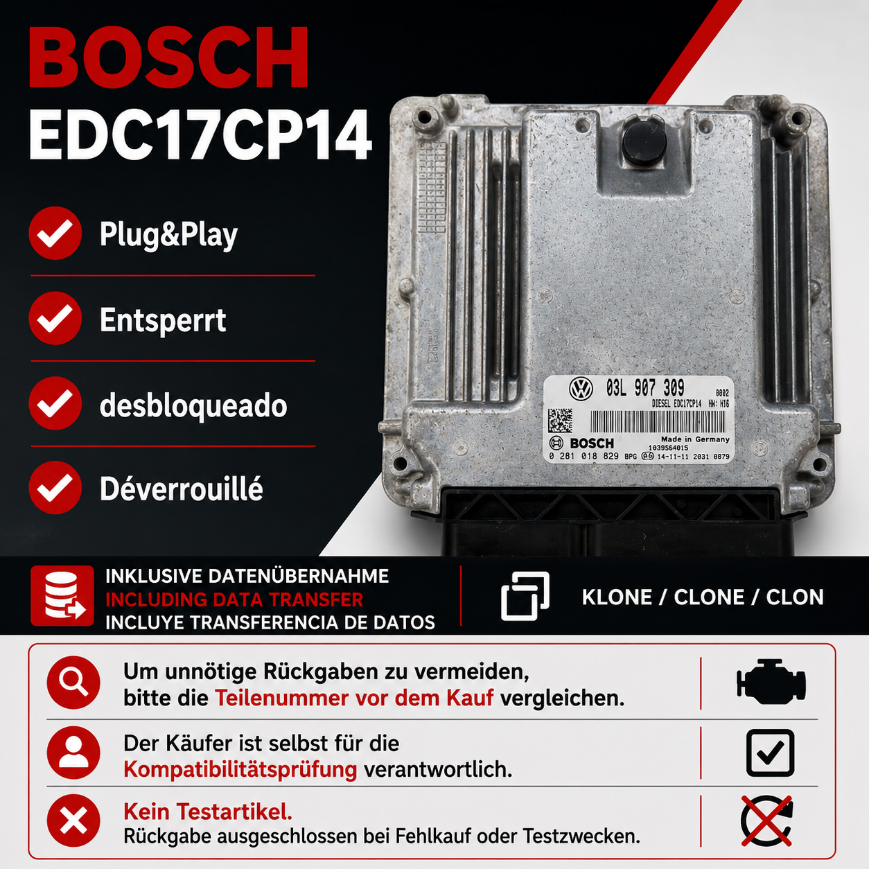 PLUG&PLAY ENTSPERRT Motorsteuergerät VW 2.0 TDI 03L907309 Bosch 0281015029