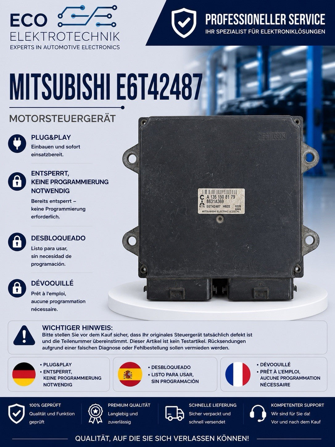 Plug&Play ENTSPERRT MITSUBISHI SMART ECU MS E6T42487 A1351508179 8631A369