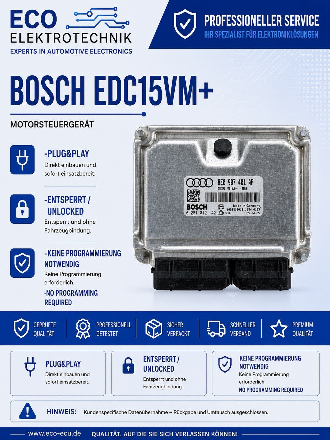 Plug&Play ENTSPERRT Audi A4 2.5 TDI ECU MS  8E0907401AF 0281012142