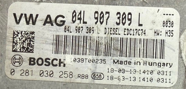 ملفات أصلية، ملفات وحدة التحكم الإلكترونية للمحرك أودي A4 2.0 TDI OEM 04L907309L بوش EDC17C74 0281030258 SW 10SW058542 ترقية البرامج 04L906026AD 9970